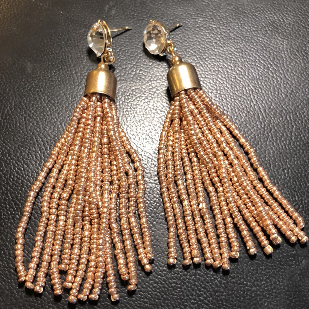 Diamond Style Rhinestone & Chain Dangle Earrings Gold Toned Pierced Back